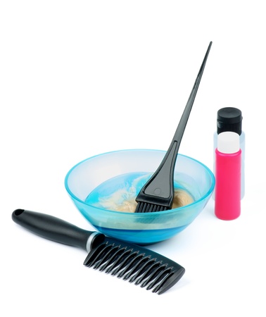 Hair Coloring Set with Hair Dye, Paintbrush, Hairbrush, Paint Containers isolated on white backgroundの写真素材