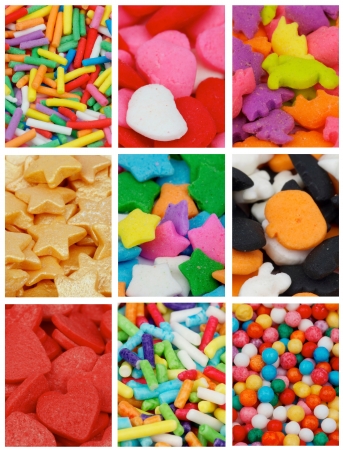 Collection of Cake Sprinkles with Jimmies, Stars, Hearts, Balls and Dino as Backgroundの写真素材