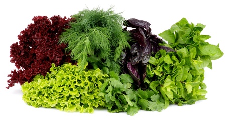 Heap of Various Fresh Greens with Lettuce, Basil, Mint, Dill and Parsley isolated on white backgroundの写真素材
