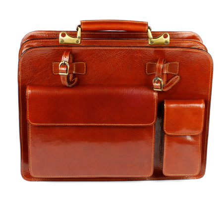 Elegant Ginger Leather Briefcase with Two Pockets and Bronze Details isolated on white backgroundの写真素材