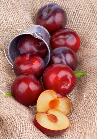 Arrangement of Ripe Sweet Red Plums Full Body and Halves Scattered from Tin Bucket on Burlap backgroundの写真素材