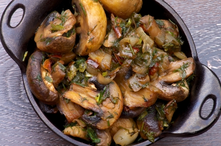 Delicious Champignon Mushrooms Stew with Onion and Greens in Black Castの写真素材