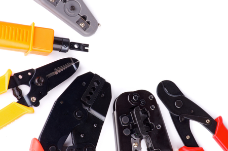 Arrangement of Crimp Tools to attaching Computer Network isolated on White backgroundの写真素材