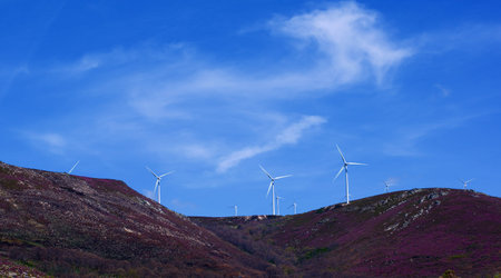 White Electrical Power Generating Wind Turbines on Lavender Hills agains Blue Skies background...
