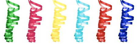 Collection of Colorful Party Streamers Hanging Down In a Row Isolated on White backgroundの写真素材
