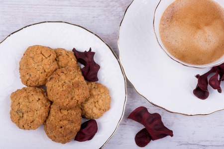 Cup of espresso coffee with cookies, top viewの写真素材