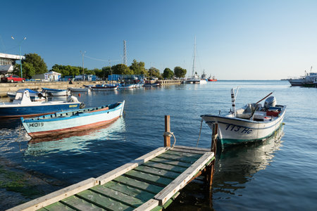 NESSEBAR, BULGARIA, AUGUST 14, 2016: Old wooden fishing boats in port of Nessebar, ancient town on the Black Sea coast of Bulgaria.のeditorial素材