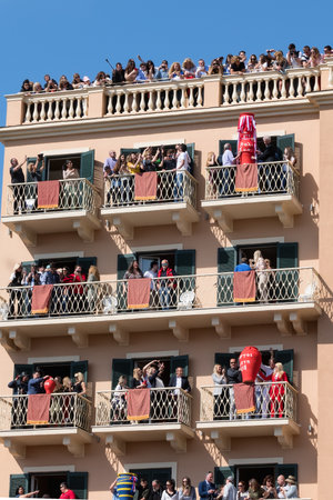 CORFU, GREECE - APRIL 7, 2018: Corfians throw clay pots from windows and balconies on Holy Saturday to celebrate the Resurrection of Christ. Easter pot smashing.のeditorial素材