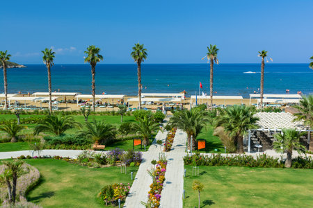 KUSADASI, TURKEY - AUGUST 21, 2017: Pamucak, Ephesus Beach. View from the Palm Wings Ephesus Beach Resort.のeditorial素材