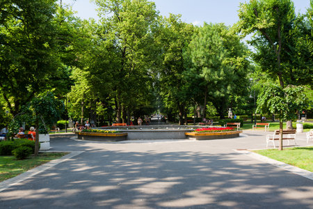 BURGAS, BULGARIA - JULY 6, 2019: Burgas Sea Garden in summer. Fountain in the park.のeditorial素材