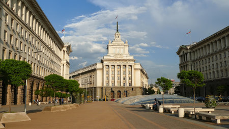 SOFIA, BULGARIA - APRIL 24, 2018: The City center of Sofia, Bulgaria. Buildings of Presidency, Council of Ministers and Former Communist Party House.のeditorial素材