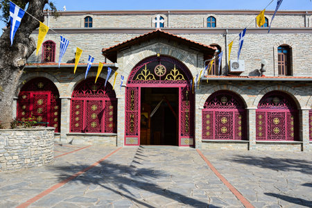 LITOCHORO, GREECE - APRIL 12, 2015: St Nicolas church located at the main square of Litohoro village, Pieria, Greece. Agios Nikolaos Church.のeditorial素材