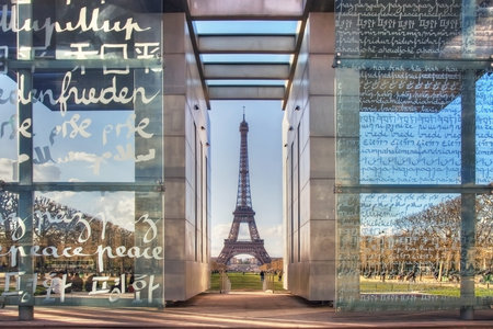France, Paris - Spring 2008: The Wall for Peace is erected in Paris, on the Champs de Mars, at the foot of the Eiffel Tower. It was inaugurated on March 30, 2000 by the President of the France.のeditorial素材