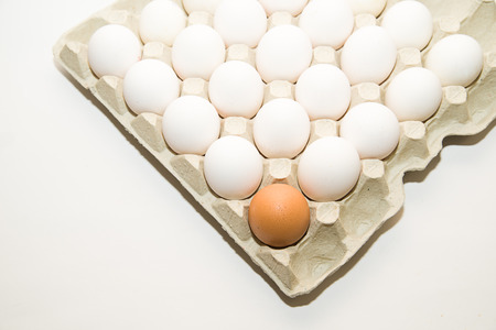 Chicken egg in the package on over whiteの写真素材