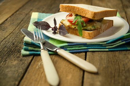 Sandwich with cutlet and vegetables on a white plateの写真素材