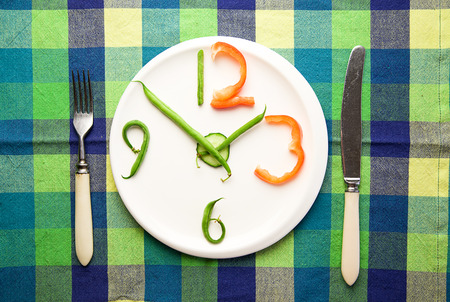 Watch made from vegetables are on a white plateの写真素材