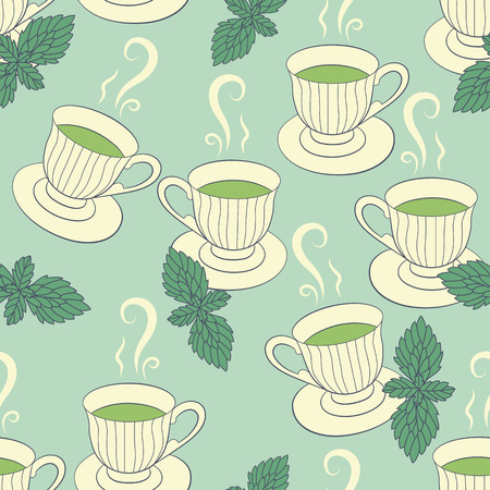 Green tea seamless pattern with hand drawing cups and mintのイラスト素材