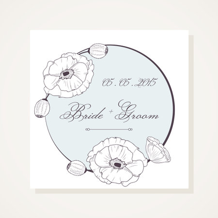 Event frame with outline poppies. Wedding invitationのイラスト素材