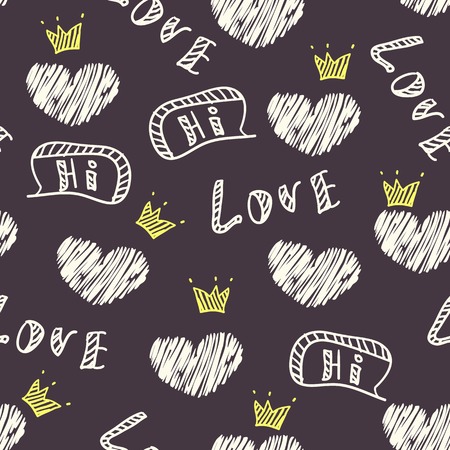 Dark doodle love seamless pattern with hearts, crown and speech bubbleのイラスト素材