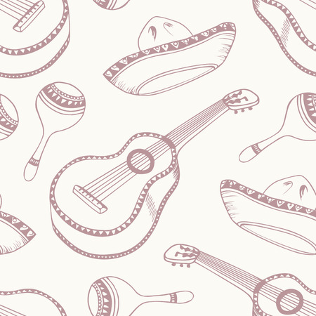 Outline mexican seamless pattern in vector with sombrero, maracas and guitar. Cinco de mayo backgroundのイラスト素材