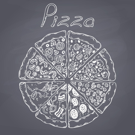 Set of different slices of pizza in vector. Sketched food. Chalk painted illustration. Chalkboard backgroundのイラスト素材