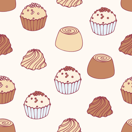 Seamless pattern with hand drawn chocolate candies. Sweets vector background. Food illustrationのイラスト素材