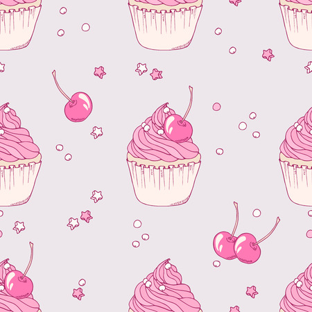 Hand drawn cherry cupcake  seamless pattern. Doodle vector illustration. Sweet dessert backgroundのイラスト素材