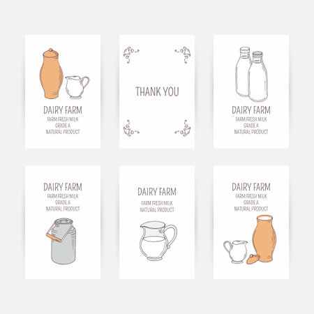 Business card set with milk icons in vector. Hand drawn illustration. Doodle design template for dairy farmのイラスト素材
