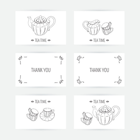 Business card set with tea service icons in vector. Hand drawn illustration. Doodle design template with place for textのイラスト素材