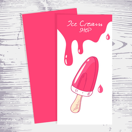 Menu template with hand drawn fruity ice cream in vector. Illustration of sweet doodle dessert with drops. Wood backgroundのイラスト素材