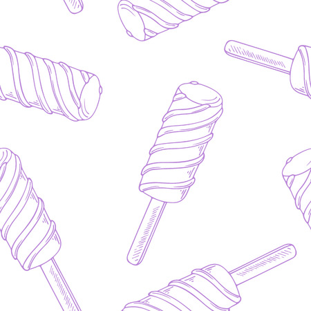 Outline seamless pattern with hand drawn twisted fruity ice cream in vector. Sweet dessert doodle backgroundのイラスト素材
