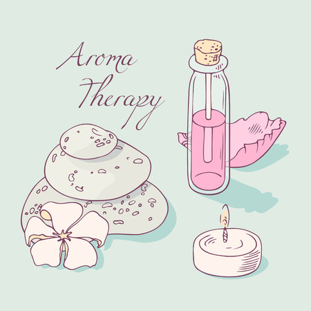 Aromatherapy hand drawn vector clip art with rose oil, petal and hot stones. Spa backgroundのイラスト素材