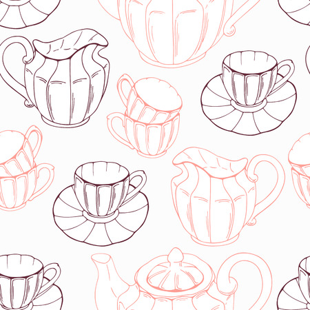 Seamless pattern with sketch style tea service and leaves. Vector illustration. Kitchen backdroundのイラスト素材
