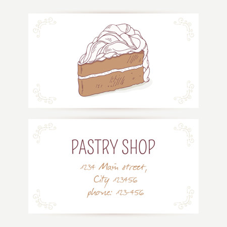 Business card template with chocolate cake. Vector illustration. Sweet background for pastry shop with place for textのイラスト素材