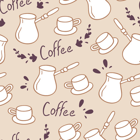 Doodle coffee seamless pattern with lettering.Hand drawn backgrond. Vector illustrationのイラスト素材