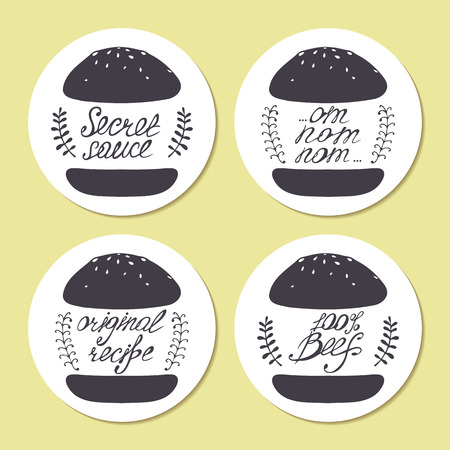 Stickers with freehand drawn burgers and hand lettering in vector. Stylized fast food illustration for restaurant or cafeのイラスト素材