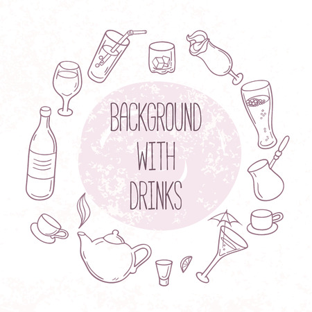 Set of doodle drinks in vector. Backgrond with beverages for design in outline style. Hand drawn illustrationのイラスト素材