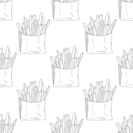 Seamless pattern with hand drawn french fries. Sketched fast food vector illustration. Background for cafe, restaurant, eatery, diner, website or take away bag designのイラスト素材
