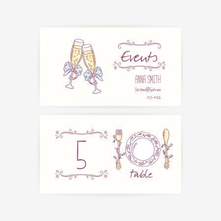 Set of wedding card templates with hand drawn table decorations. Vector illustrationのイラスト素材
