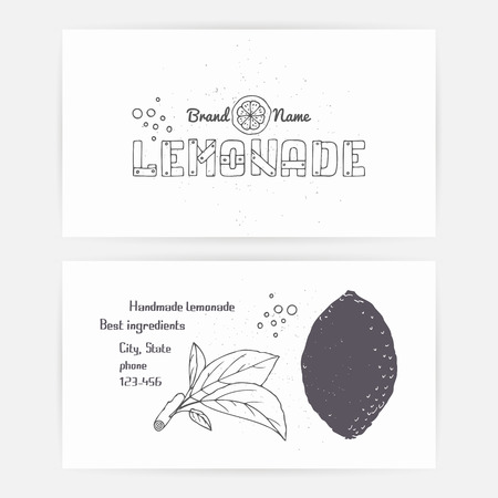 Business card set with hand drawn lemonade company branding template. Doodle lemon, leaves, icon,  and hand lettering. Monochrome hipster style. Vector illustrationのイラスト素材