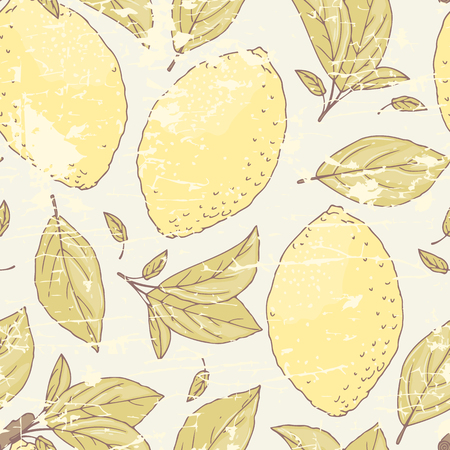 Vintage seamless pattern with hand drawn lemon and leaves. Doodle fruit background for packaging or kitchen design. Scratched backdrop. Vector illustrationのイラスト素材