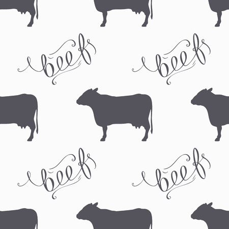 Hand drawn hipster cow seamless pattern. Beef meat hand lettering. Butcher shop design template for craft beef meat package. Seamless packaging background. Vector illustrationのイラスト素材