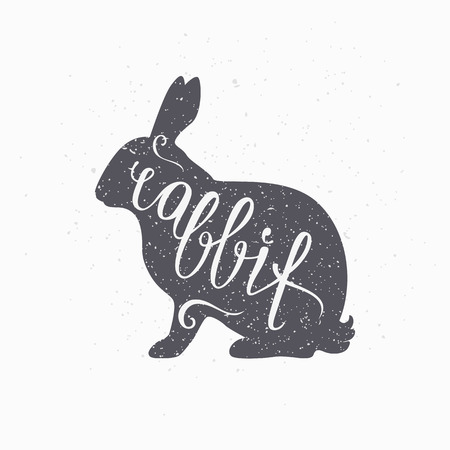 Hand drawn hipster hare silhouette. Rabbit meat hand lettering. Butcher shop design template for craft rabbit meat packaging or food restaurant. Grunge paper style background. Vector illustrationのイラスト素材