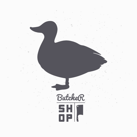 Farm bird silhouette. Duck meat. Butcher shop template for craft food packaging or restaurant design. Vector illustrationのイラスト素材