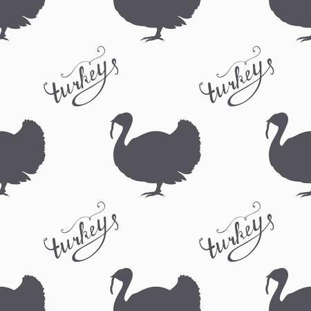 Hand drawn farm bird hipster silhouettes seamless pattern. Turkey meat hand lettering. Butcher shop design template for craft beef meat package. Seamless packaging background. Vector illustrationのイラスト素材