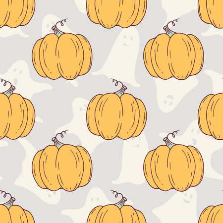 Hand drawn halloween pumpkins seamless pattern with ghosts silhouetts. Halloween retro hipster background. Vector illustrationのイラスト素材