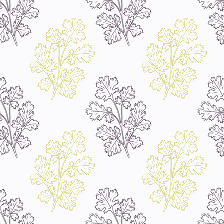 Hand drawn cilantro branch stylized black and green seamless pattern. Doodle drawing spicy herbs. Kitchen background. Hand drawn seasoning. Vector illustrationのイラスト素材