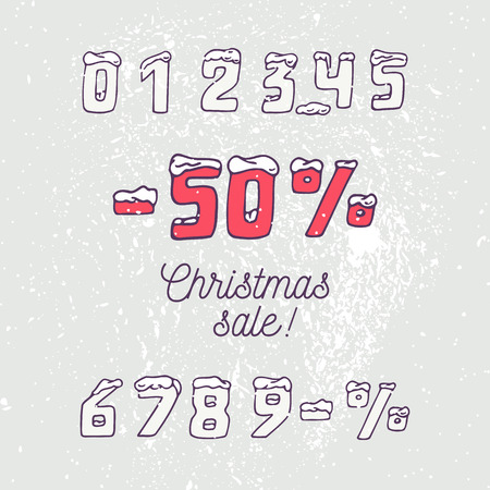 Christmas sale collection. Hand drawn numbers and snow in doodle style. Winter background.のイラスト素材