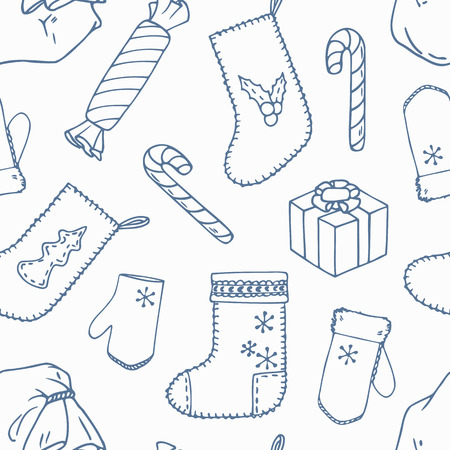 Christmas decoration outline seamless pattern. Frosty decorative red, white and green background. Vector illustrationのイラスト素材