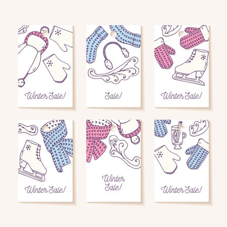 Set of sale tags. Hand drawn winter accessories. Cute greeting cards. Vector illustrationのイラスト素材